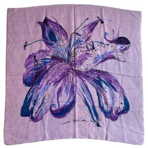 Vintage Anne Klein 100% Wool Lavender Large Lily Print Square Scarf 29"X29"